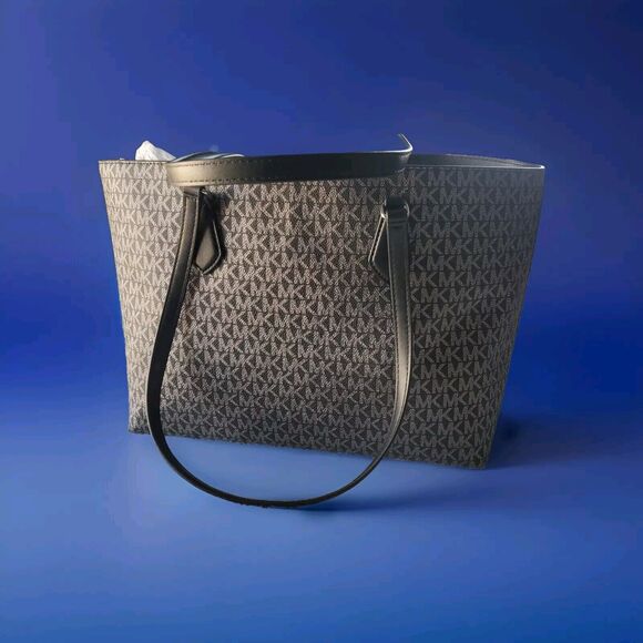 Michael Kors Sheila Black Gray Silver Double Handle Logo Medallion Tote 10" X16" - Picture 4 of 9